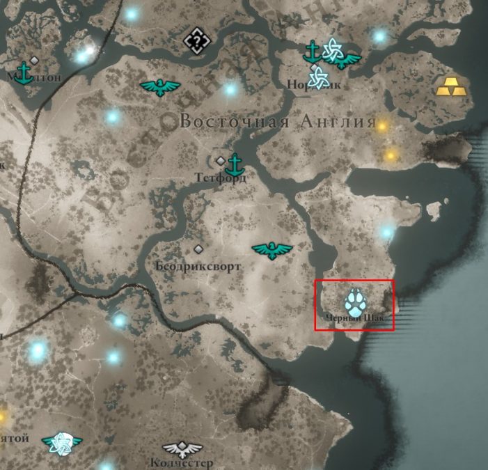 Местонахождение Черного Шака на карте Assassin’s Creed: Valhalla
