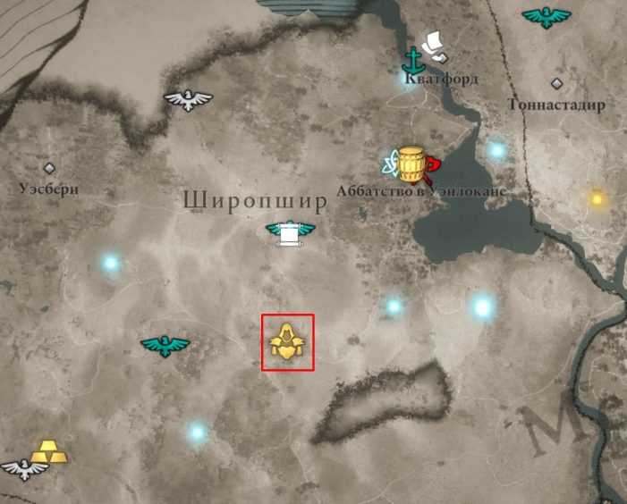 Местонахождение щита Надгробие на карте мира Assassin’s Creed: Valhalla