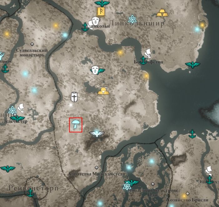 Мухоморы в Линкольншире на карте Assassin’s Creed: Valhalla